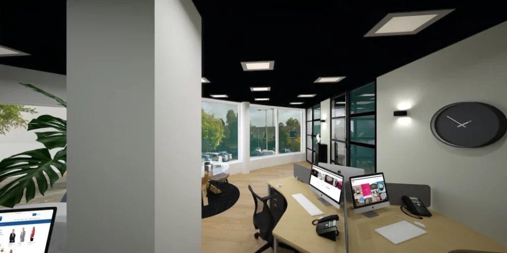 art impression kantoor Ridderkerk, Virtual reality ontwerp makelaarskantoor, balie, zwart plafond, taatsdeuren