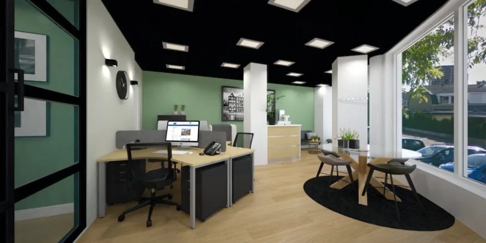 art impression kantoor Ridderkerk, Virtual reality ontwerp makelaarskantoor, balie, zwart plafond, taatsdeuren