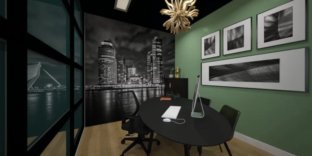 art impression kantoor Ridderkerk, Virtual reality ontwerp makelaarskantoor, balie, zwart plafond, taatsdeuren, skyline rotterdam behang