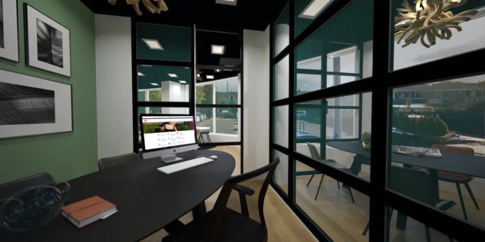 art impression kantoor Ridderkerk, Virtual reality ontwerp makelaarskantoor, balie, zwart plafond, taatsdeuren, skyline rotterdam behang