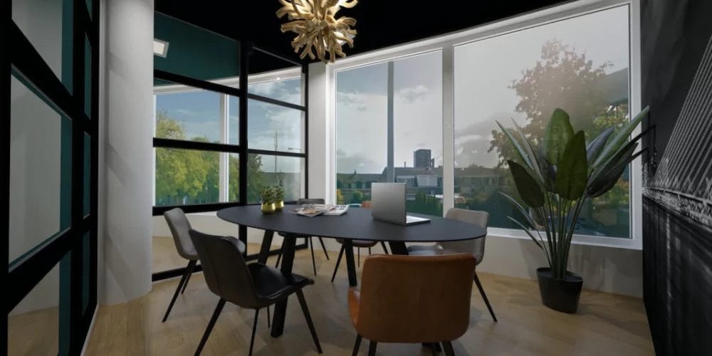 art impression kantoor Ridderkerk, Virtual reality ontwerp makelaarskantoor, vergaderruimte, zwart plafond, taatsdeuren