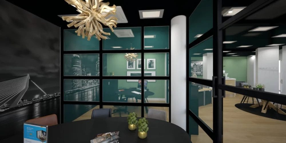 art impression kantoor Ridderkerk, Virtual reality ontwerp makelaarskantoor, vergaderruimte, zwart plafond, taatsdeuren