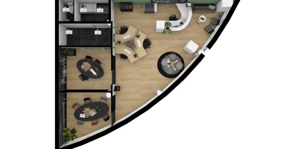 art impression kantoor Ridderkerk, Virtual reality ontwerp makelaarskantoor, vergaderruimte, zwart plafond, taatsdeuren, plattegrond