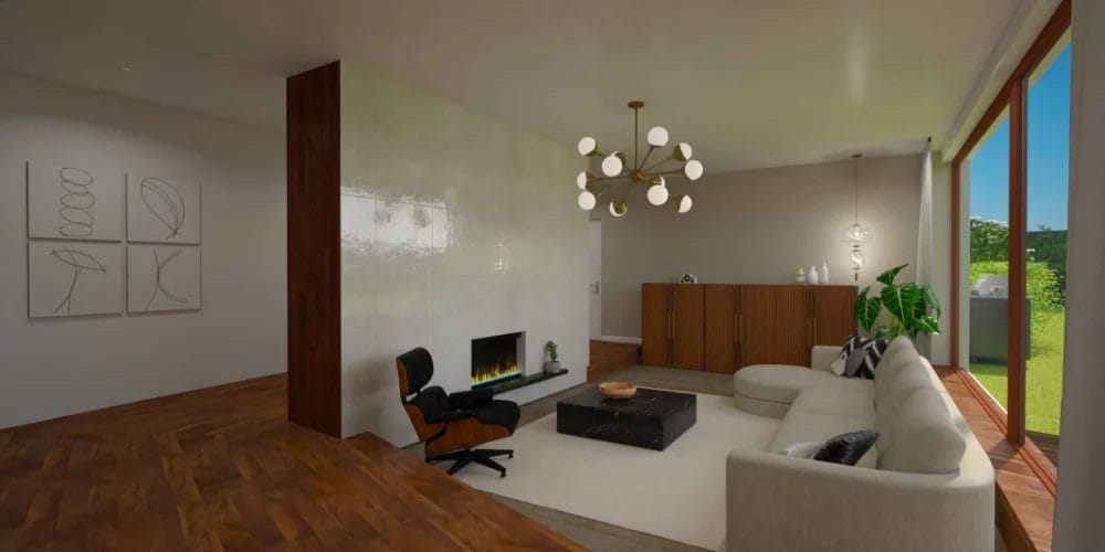 Een 3D-weergave van een woonkamer met een open haard in leefkuil. art impression villa, bungalow, voorthuizen, 3D ontwerp, virtual reality