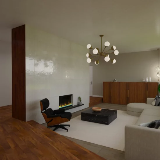 Een 3D-weergave van een woonkamer met een open haard in leefkuil. art impression villa, bungalow, voorthuizen, 3D ontwerp, virtual reality