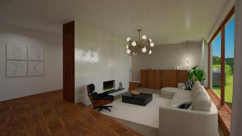 Een 3D-weergave van een woonkamer met een open haard in leefkuil. art impression villa, bungalow, voorthuizen, 3D ontwerp, virtual reality