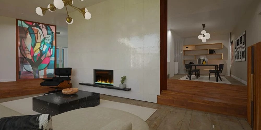 Een moderne woonkamer met een open haard. art impression villa, bungalow, voorthuizen, 3D ontwerp, virtual reality, leefkuil