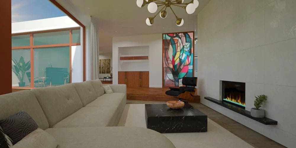 Een woonkamer met een open haard. leefkuil, art impression villa, bungalow, voorthuizen, 3D ontwerp, virtual reality