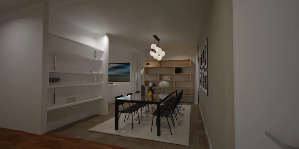 Een 3D-weergave van een eetkamer. art impression villa, bungalow, voorthuizen, 3D ontwerp, virtual reality