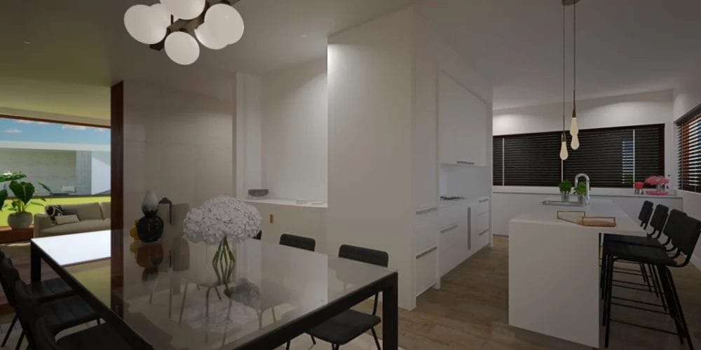 Een 3D-weergave van een keuken en eetkamer. art impression villa, bungalow, voorthuizen, 3D ontwerp, virtual reality