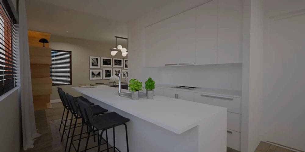 Een 3D-weergave van een keuken met barkrukken. art impression villa, bungalow, voorthuizen, 3D ontwerp, virtual reality