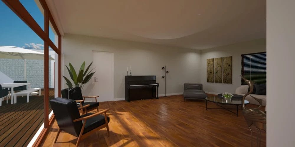 Een 3D-weergave van een woonkamer. art impression villa, bungalow, voorthuizen, 3D ontwerp, virtual reality