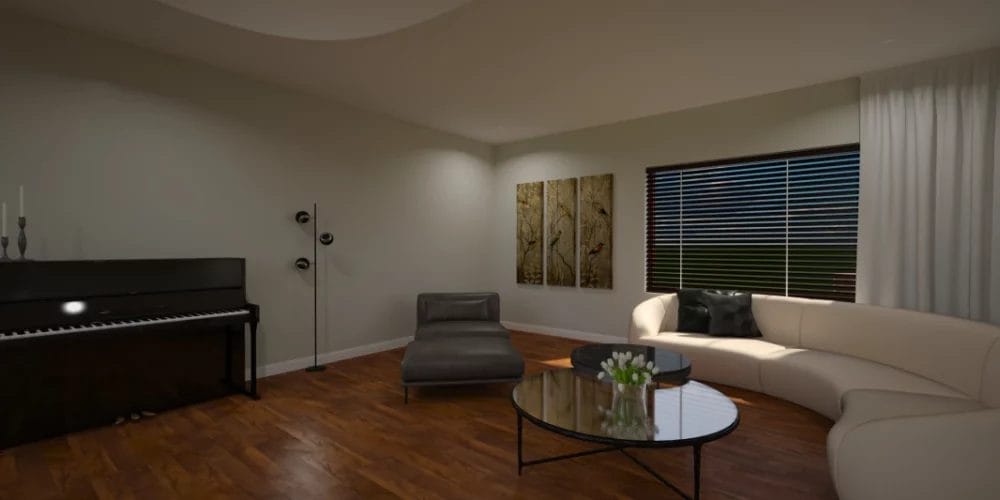 Een 3D-weergave van een woonkamer met een piano. art impression villa, bungalow, voorthuizen, 3D ontwerp, virtual reality