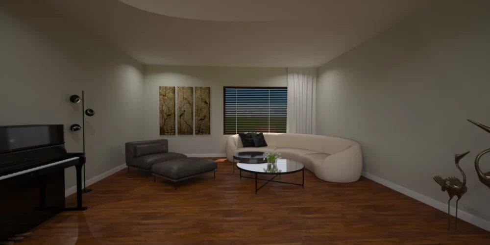 Een 3D-weergave van een woonkamer met een piano. art impression villa, bungalow, voorthuizen, 3D ontwerp, virtual reality