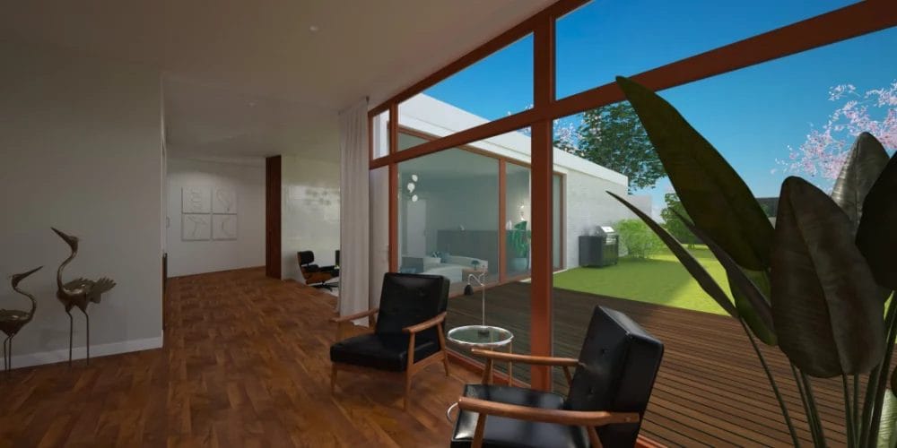 Een 3D-weergave van een woonkamer. art impression villa, bungalow, voorthuizen, 3D ontwerp, virtual reality