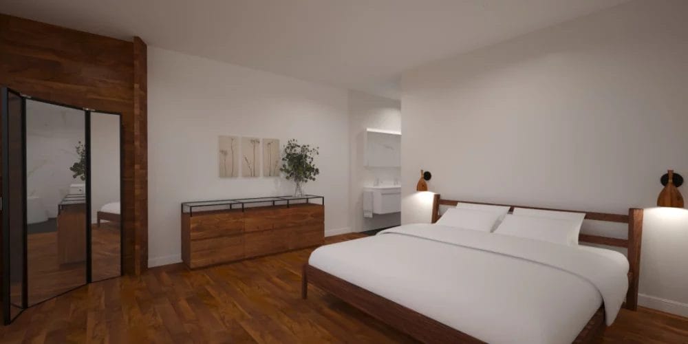 Een 3D-weergave van een slaapkamer met houten vloeren en een wit bed. art impression villa, bungalow, voorthuizen, 3D ontwerp, virtual reality