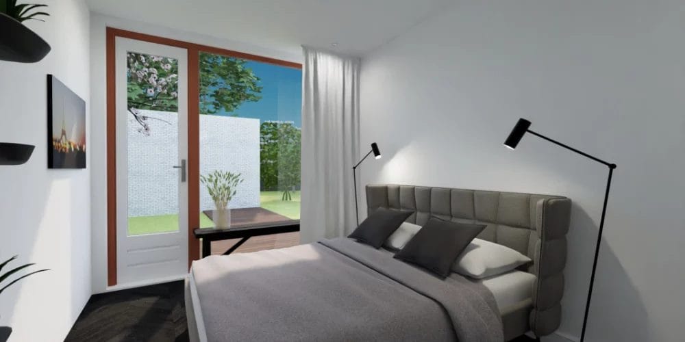 Een 3D-weergave van een slaapkamer met een bed en een raam. art impression villa, bungalow, voorthuizen, 3D ontwerp, virtual reality