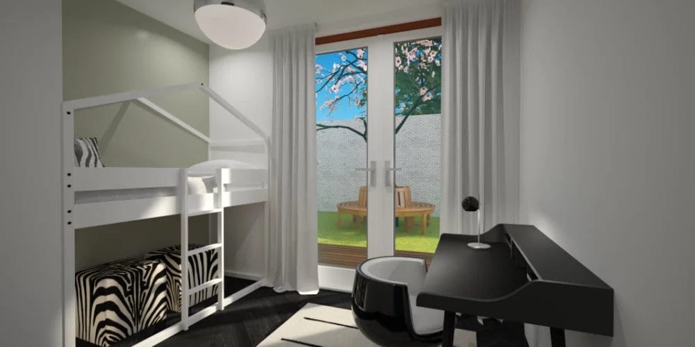 Een kleine kamer met een stapelbed en een bureau. art impression villa, bungalow, voorthuizen, 3D ontwerp, virtual reality