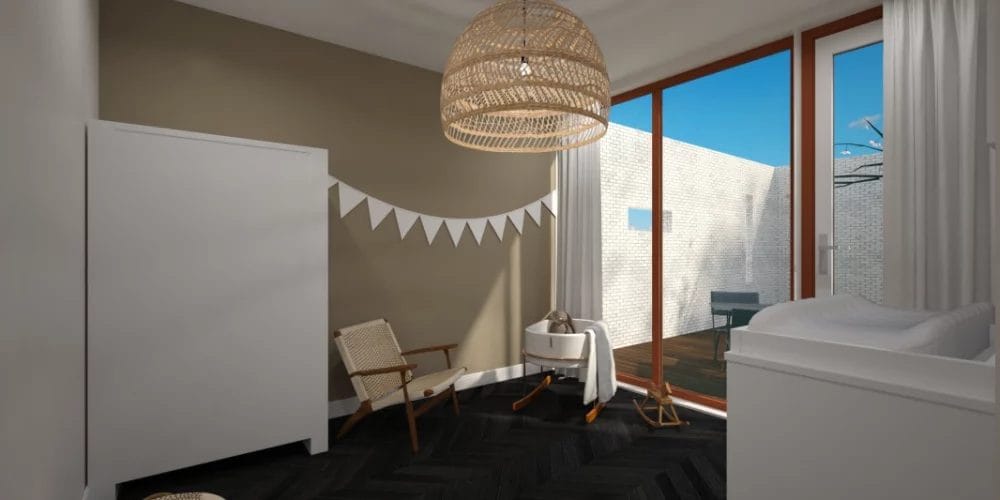 Een 3D-weergave van een babykamer. art impression villa, bungalow, voorthuizen, 3D ontwerp, virtual reality