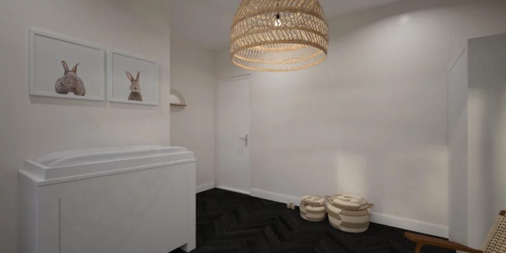 Een kamer met een wit dressoir en een rieten stoel. art impression villa, bungalow, voorthuizen, 3D ontwerp, virtual reality