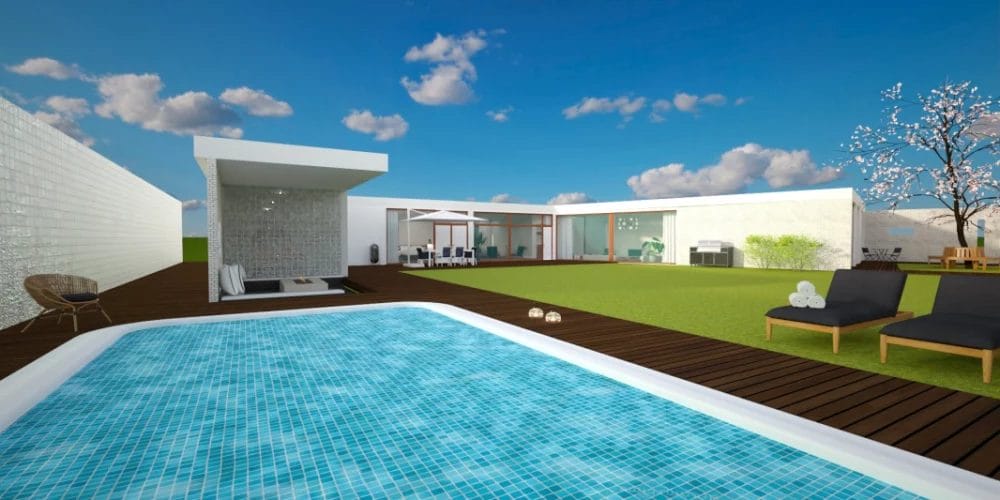 Een 3D-weergave van een huis met een zwembad. art impression villa, bungalow, voorthuizen, 3D ontwerp, virtual reality