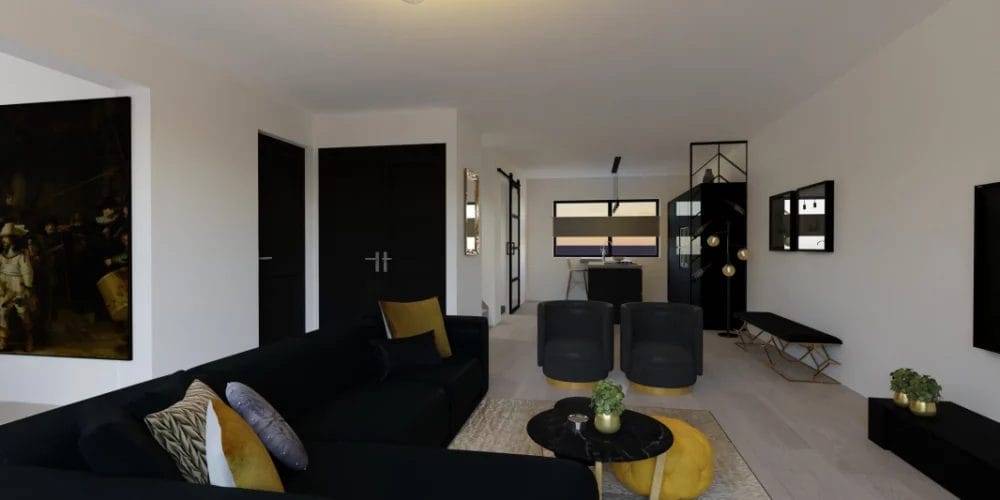 de perfecte verbouwing Lelystad, woonkamer, zwart goud inrichting, VR, 3D, virtual reality