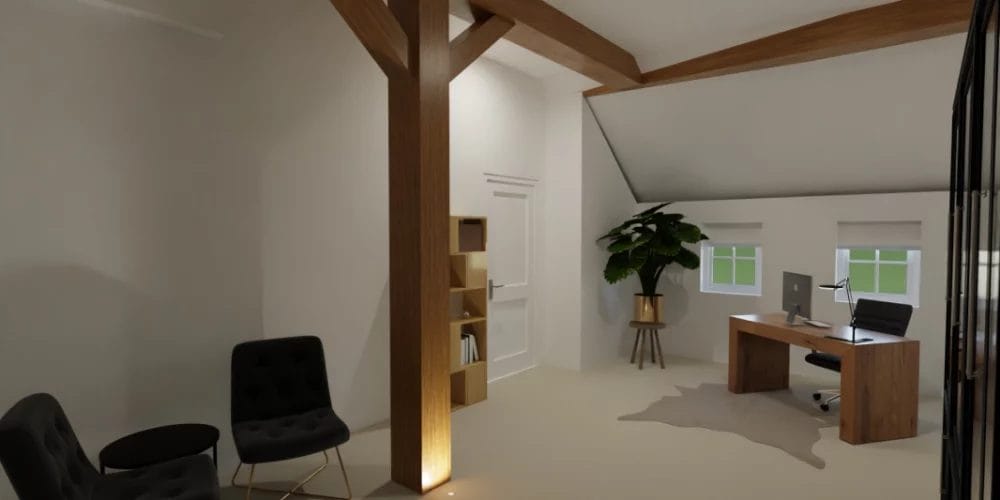 de perfecte verbouwing van woonboerderij Nijeveen, art impression woning, Virtual reality ontwerp, 3D ontwerp, kantoor, houten balken