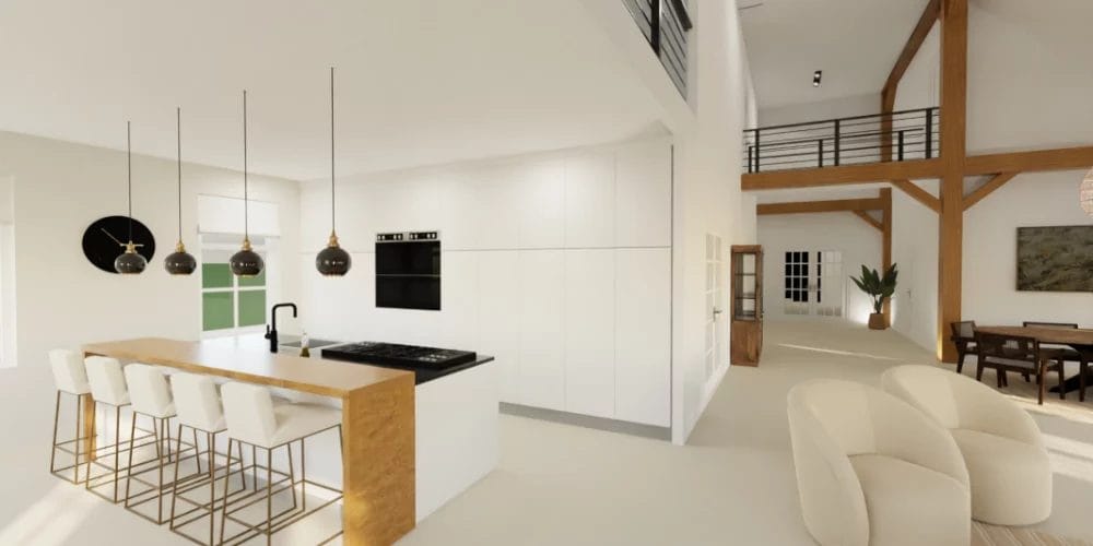 de perfecte verbouwing van woonboerderij Nijeveen, art impression woning, Virtual reality ontwerp, 3D ontwerp, woonkamer, keuken