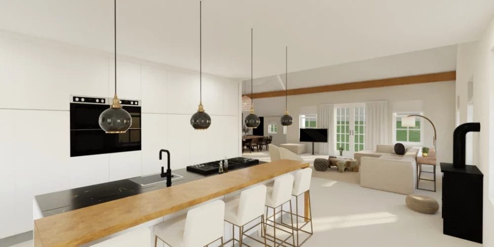 de perfecte verbouwing van woonboerderij Nijeveen, art impression woning, Virtual reality ontwerp, 3D ontwerp, woonkamer, keuken