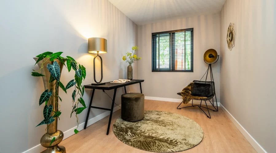 Een gang met een lamp en een plant. meubels huren, meubelverhuur luxe pakket