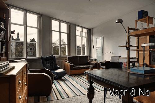 Een woonkamer met een eettafel en een bank, voor en na meubelverhuur amsterdam