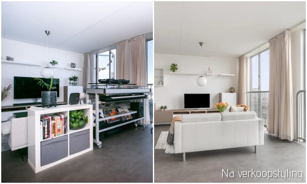 Twee foto's van een woonkamer met een bank en tv.