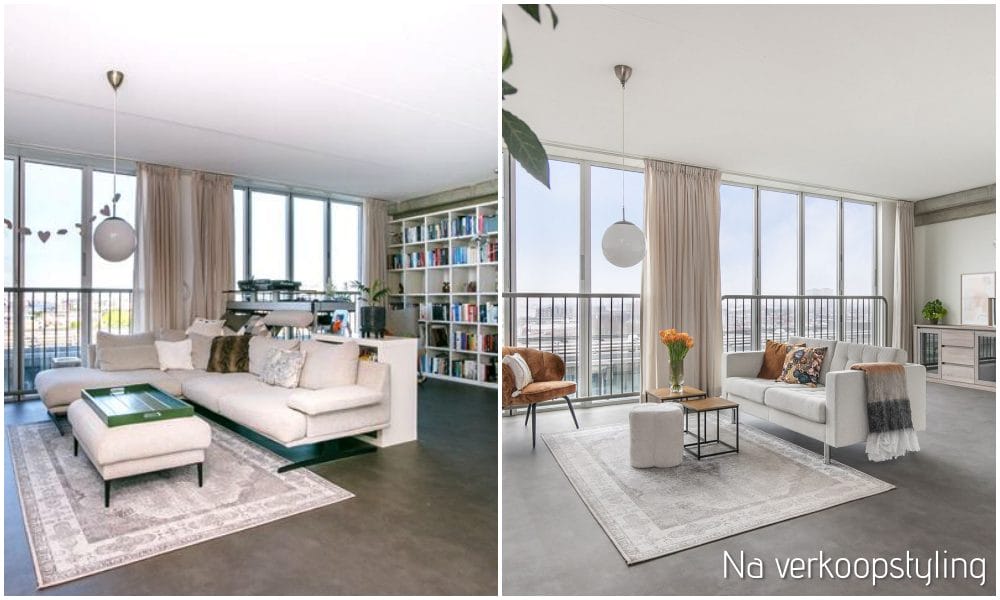 Twee foto's van een woonkamer met witte meubels en een raam.