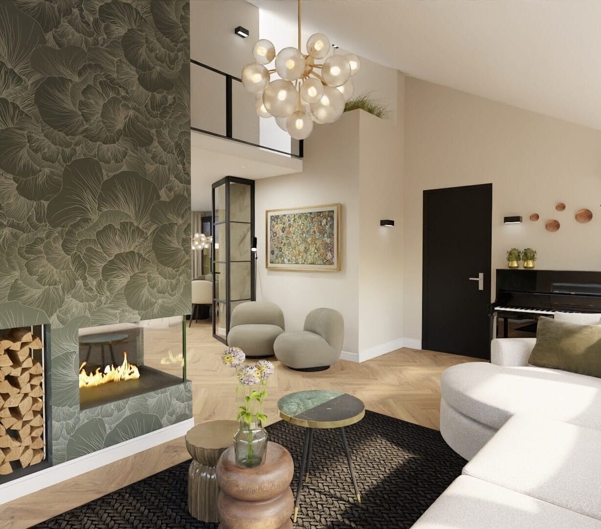 De moderne woonkamer heeft een vendita-stijl met een accentmuur met groene bloemenpatronen, open haard en houtopslag. Een ronde bank, piano en twee fauteuils sieren de visgraathouten vloer terwijl een moderne kroonluchter erboven zweeft.