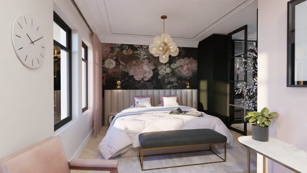 Moderne slaapkamer met een groot bed, een accentmuur met bloemen, een hanglamp en een bankje aan het voeteneind. Beleef het allemaal in VR-modus voor een meeslepend beeld van ramen, een klok en een potplant op een bijzettafel.