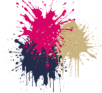 Drie grote verfspatten – roze, beige en donkerblauw – overlappen elkaar en druipen tegen een transparante achtergrond, waardoor een dynamisch VR-ander-effect ontstaat.