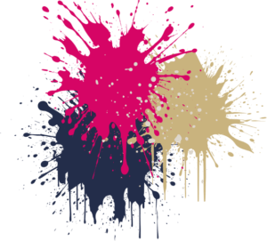 Drie grote verfspatten – roze, beige en donkerblauw – overlappen elkaar en druipen tegen een transparante achtergrond, waardoor een dynamisch VR-ander-effect ontstaat.