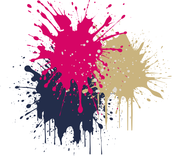 Drie grote verfspatten – roze, beige en donkerblauw – overlappen elkaar en druipen tegen een transparante achtergrond, waardoor een dynamisch VR-ander-effect ontstaat.