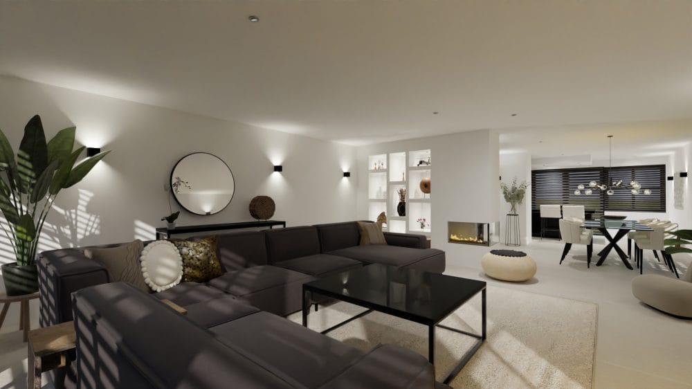 Moderne woonkamer met een grote hoekbank, zwarte salontafel, wandspiegel, ingebouwde planken, kamerplanten en een open eethoek zichtbaar op de achtergrond: de perfecte inspiratie voor uw volgende verbouwproject.