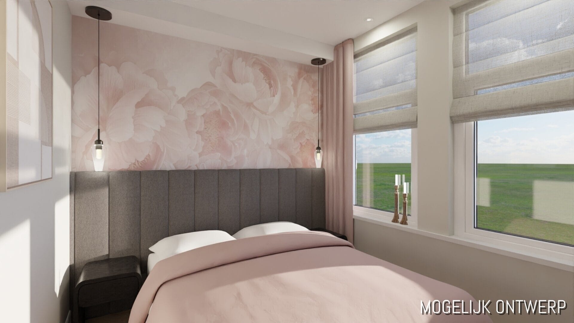Een moderne slaapkamer met een grijs gestoffeerd bed, een accentmuur met roze bloemen, hanglampen, roze beddengoed en grote ramen met witte jaloezieën is een toonbeeld van elegant interieurontwerp. De tekst "MOGELIJK ONTWERP" staat in de hoek.