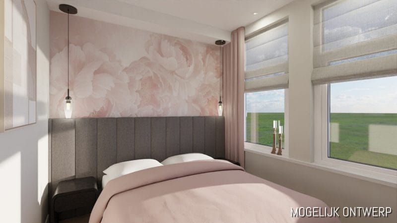 168720788-272130710-photo-122961698-1739056713285_mogelijk ontwerp Een moderne slaapkamer met een grijs gestoffeerd bed, een accentmuur met roze bloemen, hanglampen, roze beddengoed en grote ramen met witte jaloezieën is een toonbeeld van elegant interieurontwerp. De tekst "MOGELIJK ONTWERP" staat in de hoek.