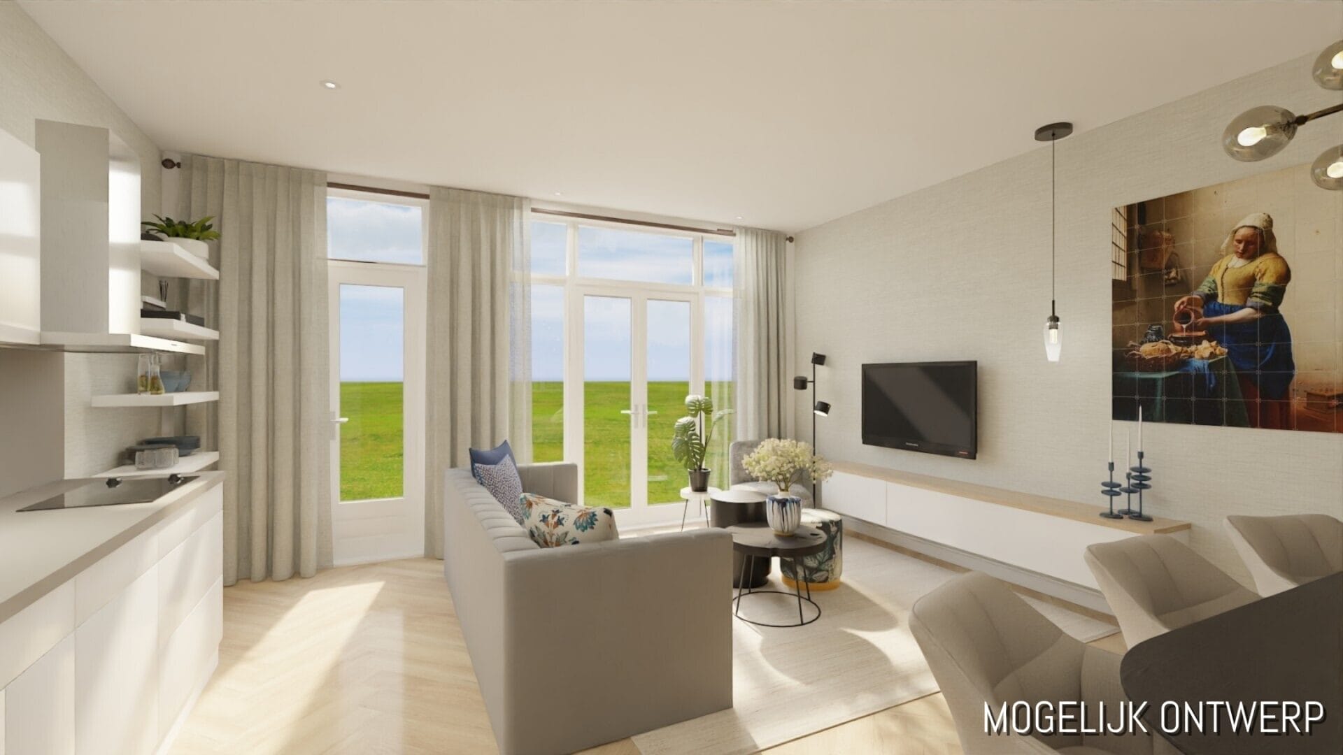 Moderne woonkamer met grote ramen, grijze bank, tv aan de muur, eettafel, keukenhoek en kunst aan de muur. Helder natuurlijk licht en een stijlvol interieurontwerp creëren een uitnodigende en eigentijdse ruimte.