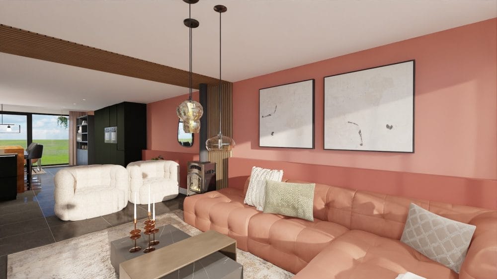 Een moderne woonkamer met een roze hoekbank, abstracte kunst aan de muur, twee witte fauteuils, hanglampen en een blik in de keuken en de eetkamer is een toonbeeld van elegant interieurontwerp.