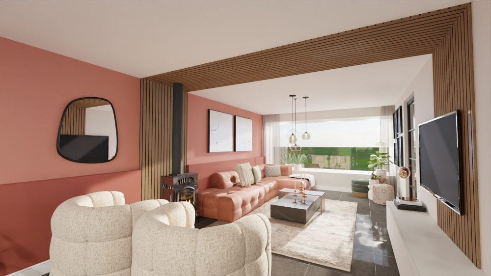 Moderne woonkamer met roze accentmuur, bruine bank, twee crèmekleurige stoelen, aan de muur gemonteerde tv, grote ramen, decoratieve houten lambrisering en stijlvolle interieurontwerpdetails.