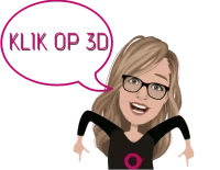 Een tekenfilmvrouw met een bril in een VR-omgeving, met een tekstballon met de tekst kloop 3D.